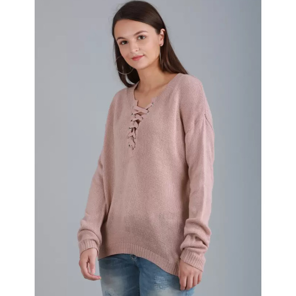Forever 21 Women's Dusty Rose Lace-Up Front Knit Pullover Sweater Size Large - Picture 2 of 11